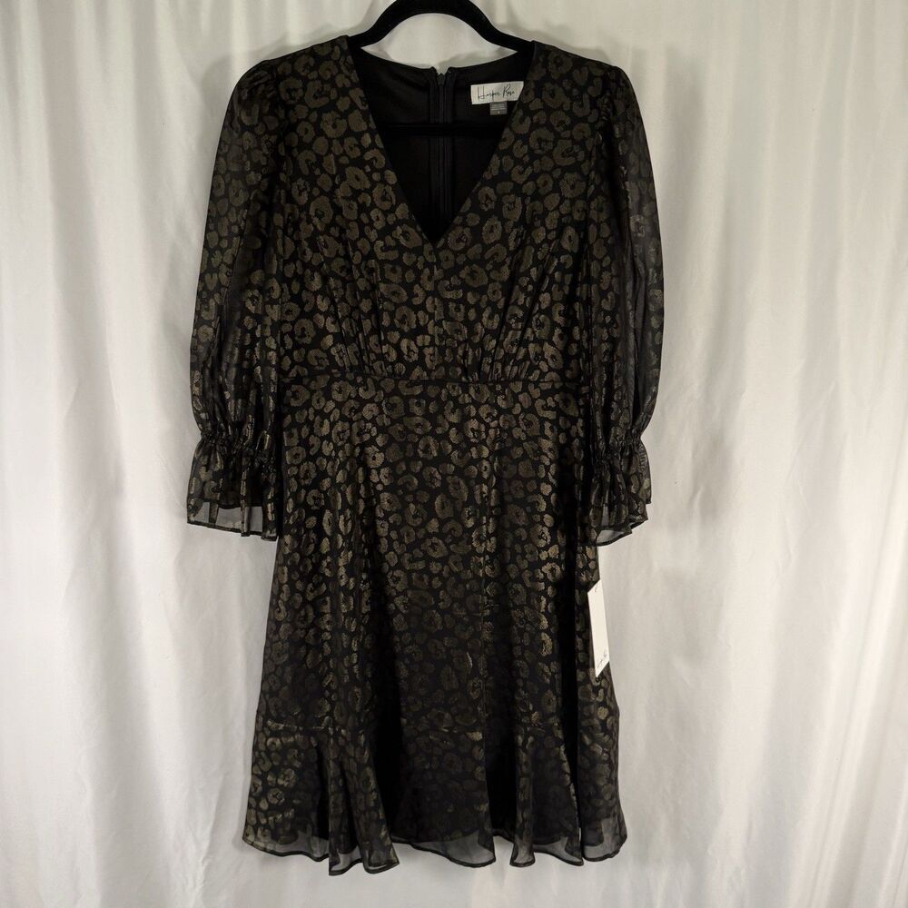 New Harper Rose Mini Dress Women's 4 Black Metallic Cheetah Print Long Sleeve Vn